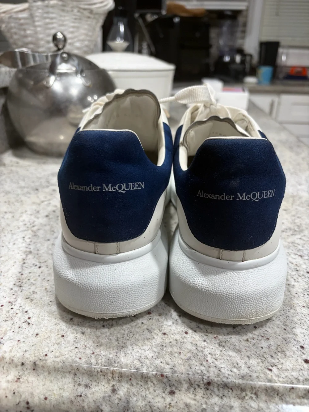 Alexander McQueen Off-White Leather Sneakers with Navy Heel